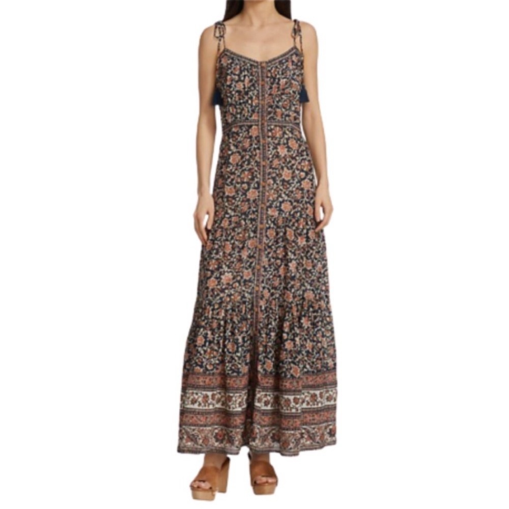 Veronica Beard Windansea Floral Button-Front Tie Strap Tiered Maxi Dress